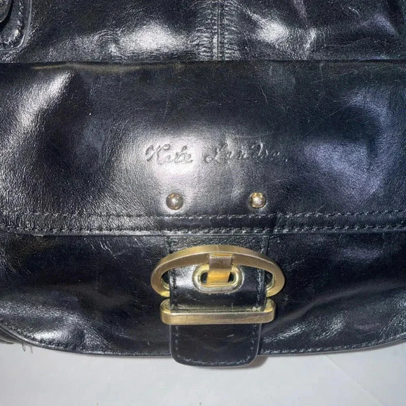Kate Landry Luxury Classic Designer Multi Pocketed Buckle Black Leather Handbag - Picture 10 of 15